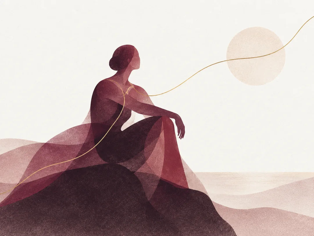Una figura sentada, hecha de formas translúcidas en ciruela y vino, mira hacia un sol pálido; un hilo dorado la atraviesa